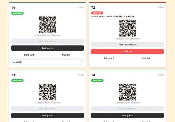 Table overview on a tablet, each table with its status, QR code, and seated time